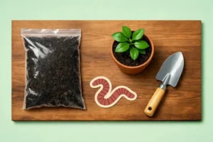 Мешок с биогумусом, садовая лопатка, горшок с растением и стилизованное изображение червя на деревянном столе. Эко-тематика, уход за растениями.