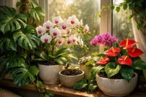 Пышные комнатные растения в горшках с биогумусом на солнечном подоконнике