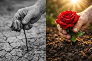 Увядшая роза в сухой почве и пышная роза в биогумусе — сравнение эффективности удобрения