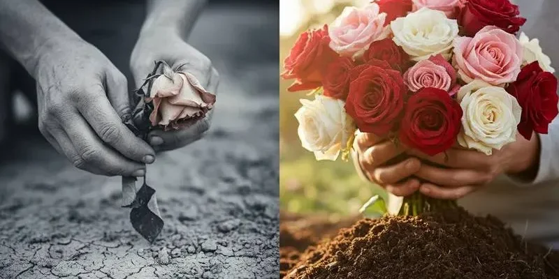 Руки садовода вносят биогумус в почву цветника