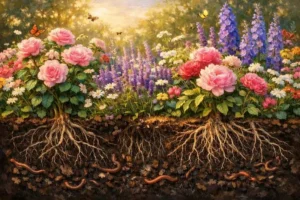 нглийский сад с обильным цветением роз и пионов благодаря биогумусу