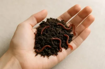 Открытая ладонь человека держит горсть темного биогумуса с дождевыми червями.
