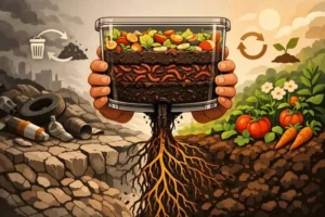 Иллюстрация: эко-активист превращает пищевые отходы в гумус, из которого вырастает новая жизнь