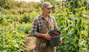 мужчина удобряет биогумусом огурцы