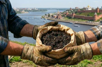 руки с биогумусом на фоне Нижнего Новгорода