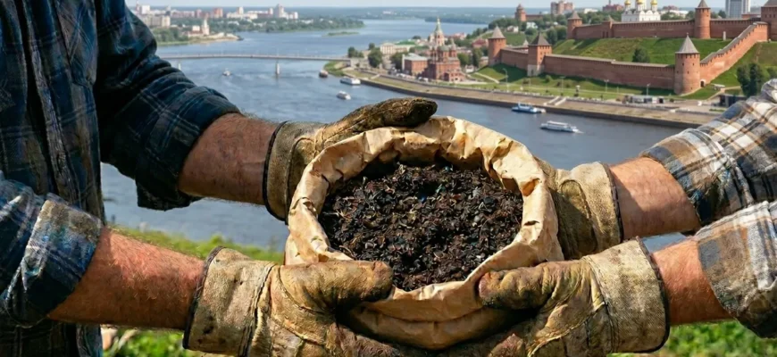 руки с биогумусом на фоне Нижнего Новгорода