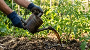 руки с лейкой и биогумусом