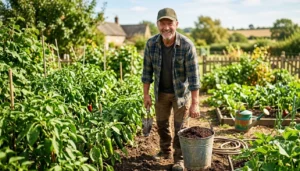 садовник с ведром биогумуса