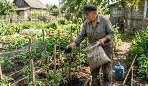 садовник свободно работает с биогумусом