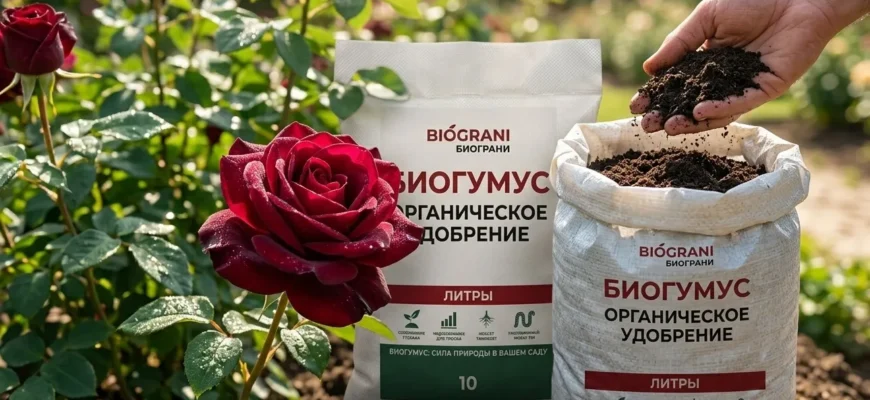 цветущая роза и мешок биогумуса